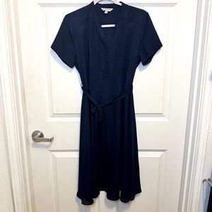 Nanette Lepore Navy Blue Shirt Dress Pleated Tie Off Chiffon SZ 6